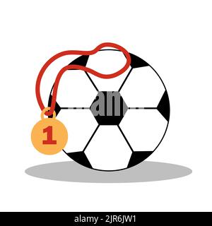 Pallone da calcio con medaglia del vincitore del campionato. Attributi del gioco di calcio per cartolina, logo o design. Illustrazione piatta. Illustrazione Vettoriale