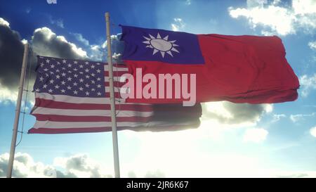 Bandiera di Taiwan e degli Stati Uniti d'America su flagpole. Taiwan e gli Stati Uniti sventolano la bandiera nel vento. Concetto diplomatico di Taiwan e degli Stati Uniti. illustrazione 3d Foto Stock