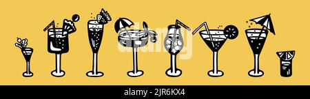 Set di illustrazioni vettoriali di bicchieri di cocktail con bollicine, ananas, ombrello, fetta di limone, ciliegia, fragole, ghiaccio e frutti di bosco. Illustrazione Vettoriale