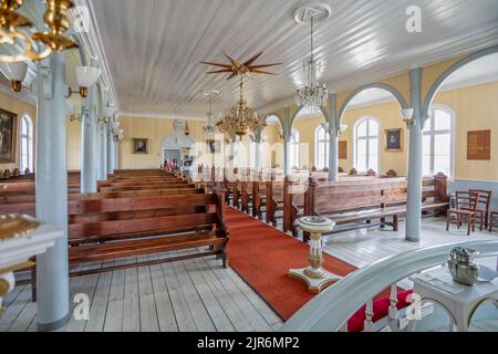 Interno della Chiesa dei Salvatore a Qaqortoq, Groenlandia, il 13 luglio 2022 Foto Stock