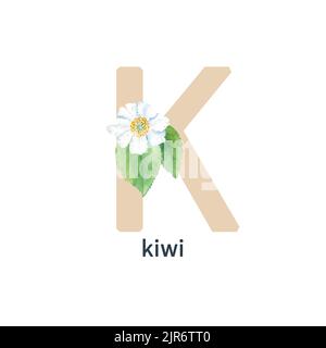 Lettera K, kiwi, fiore colorato ABC alfabeto. Acquerello illustrazione botanica isolato su sfondo bianco. Può essere utilizzato per l'alfabeto o per le schede Foto Stock