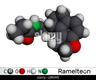 Molecola di Ramelteon. È agente del sonno, agonista del recettore della melatonina usato per trattare l'insonnia. Modello molecolare. Rendering 3D. Illustrazione Foto Stock