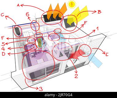 Schema dell'appartamento con riscaldamento a pavimento e pannelli fotovoltaici e solari, aria condizionata e note disegnate a mano Foto Stock