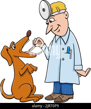 Illustrazione del cartone animato di cane divertente al veterinario che ha esame della gola Illustrazione Vettoriale