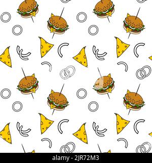 Un motivo senza cuciture da hamburger su bastoncini con formaggio, semi di sesamo e anelli di cipolla su uno sfondo trasparente. Cibo di strada. Stile di vita. Buon giorno di cibo. Isolare. Design di stampa alla moda. Illustrazione Vettoriale