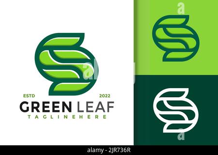 Un vettore di un logo con foglia verde contro sfondi bianchi e verdi con testo modificabile Illustrazione Vettoriale