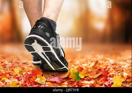 Gambe di un pareggiatore in scarpe primo piano nel parco autunnale Foto Stock