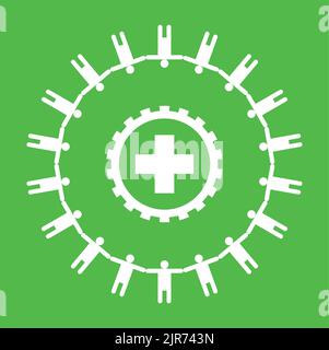 Un logo Safety First con l'immagine di persone che tengono le mani su sfondo verde Illustrazione Vettoriale