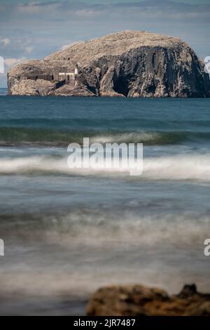 Bass Rock visto da Seacliff Beach vicino a North Berwick, East Lothian, Scozia Foto Stock