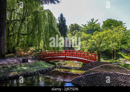 Ponte rosso giapponese nel museo Albert Kahn (giardino giapponese) a Parigi - primavera incredibile! Inizio maggio - rododendri (azalee) fiorisce! (Fantastico Foto Stock