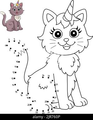 Dot to Dot Cat Unicorn Coloring Page for Kids Illustrazione Vettoriale