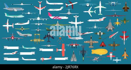 Trasporto aereo aereo e icona del trasporto aereo. Aereo set volo e aereo vettore illustrazione isolato. Aereo di linea di volo di affari Illustrazione Vettoriale