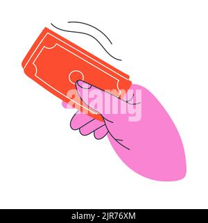 Mani colorate che tengono carta, contanti, denaro. Vettore segno di gesti diverso. Illustrazione Vettoriale