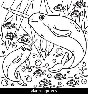 Pagina da colorare narwhale per bambini Illustrazione Vettoriale