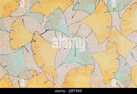 Ginkgo sfondo disegnato a mano in foglia con carta di grana e giallo verde retrò Illustrazione Vettoriale