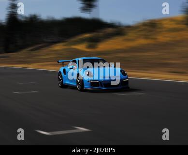 La Porsche 911 GT3 RS blu in movimento sulla pista Foto Stock