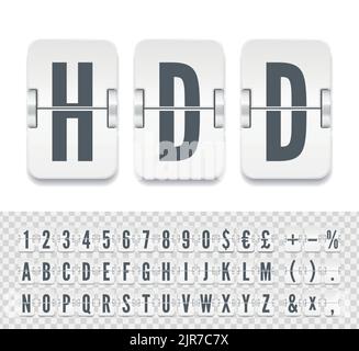 Carattere bianco del tabellone segnapunti meccanico terminale con numeri per visualizzare la destinazione o l'illustrazione del vettore orario. Lavagna a fogli mobili dell'aeroporto in grassetto per mostrare le informazioni sulla partenza o l'arrivo del volo. Illustrazione Vettoriale