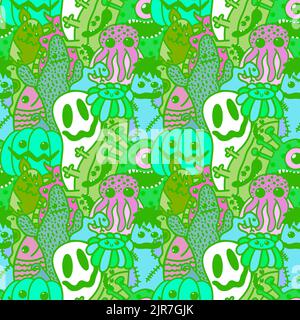 Cartoon di Halloween senza cuciture doodle fantasma e zucche e cactus e mostri modello per il confezionamento e il bambino Foto Stock