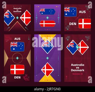 Partita Australia vs Danimarca. World Football 2022 Set di banner verticali e quadrati per i social media. Infografica sul calcio 2022. Fase di gruppo. Illlust vettoriale Illustrazione Vettoriale
