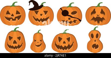 Set vettoriale di zucche di Halloween con il volto di Jack-o-Lantern in stile cartoon. Il simbolo principale della festa di Halloween felice. Illustrazione Vettoriale
