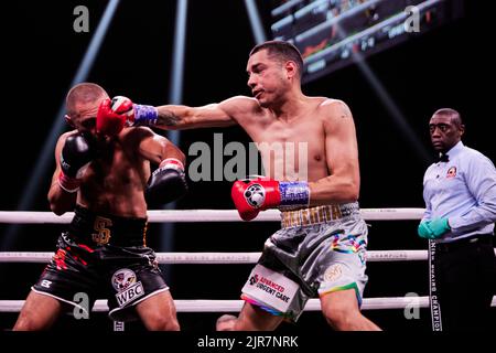 Il boxer professionale IBF Light-welterweight Sergey Lipinets sconfigge WBC Lightweight Omar Figueroa Jr. In una partita di boxe di 12 round Foto Stock