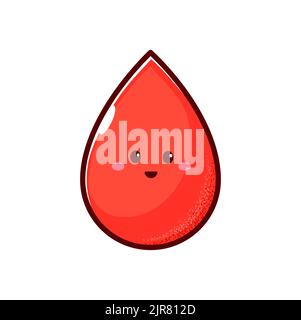 Carino felice sangue sorridente goccia isolato divertente personaggio cartone animato. Vettore divertente goccia di sangue con cute viso, bambini, baby personage kawaii emoticon Illustrazione Vettoriale