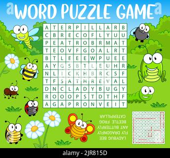 Insetti cartoni animati su prato verde. Ricerca parola puzzle gioco foglio di lavoro. Griglia quiz bambini, enigma vocabolario o quiz con ladybug, ape and fly, libellula, scarabeo e rana, caterpillar, formica e farfalla Illustrazione Vettoriale