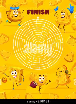 Labirinto rotondo labirinto, cartoni animati maasdam e gouda personaggi del formaggio. Capretti vettore indovinello, foglio di lavoro puzzle con percorso rotondo e personaggi cheesy. Trova la via giusta per uscire dal labirinto del gioco di boardgame, attività di quiz Illustrazione Vettoriale