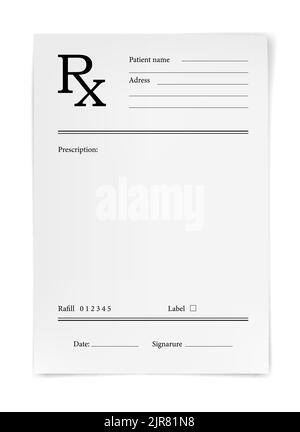 Modulo Rx prescrizione medica, foglio di carta farmacia e ospedale, modello vettoriale. PRESCRIZIONE in bianco o documento medico e farmacista per farmaci e pillole del paziente o ricarica del medicinale Illustrazione Vettoriale