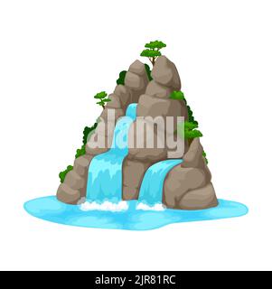 Cascata di cartoni animati o cascata d'acqua che cade da rocce di montagna con alberi verdi. Paesaggio natura vettoriale di scogliera di pietra grigia con ruscelli fluenti del fiume, cascate di acqua blu di cascata con spruzzi Illustrazione Vettoriale