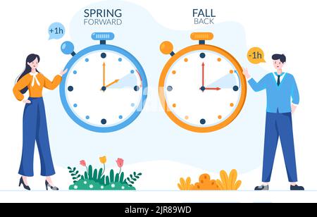 Ora legale Cartoon piano disegnato a mano Illustrazione con sveglia o calendario Dall'estate alla primavera progettazione in avanti Illustrazione Vettoriale