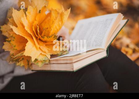 Primo piano su libro e bouquet giallo di foglie autunnali Foto Stock