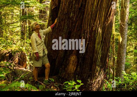 Donna anziana che cammina in una foresta verde ombreggiata nella Columbia Britannica, Canada. Foto Stock