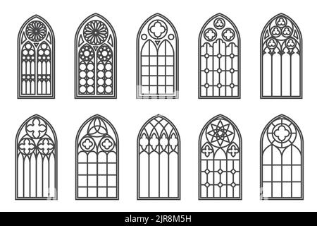 Chiesa medievale finestre set. Elementi architettonici di vecchio stile gotico. Illustrazione del contorno vettoriale su sfondo bianco. Illustrazione Vettoriale