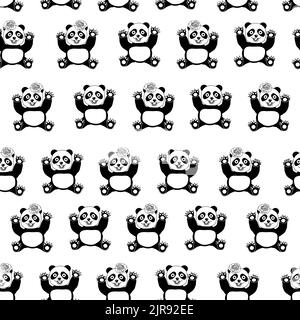 Modello con panda. Modello senza cuciture con panda. Modello per bambini. Panda con fiore. Panda con rosa. Animale con fiore sulla testa. Foto Stock