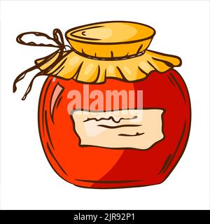 Vaso di vetro con confettura di frutti rossi. Illustrazione vettoriale in stile disegnato a mano Illustrazione Vettoriale