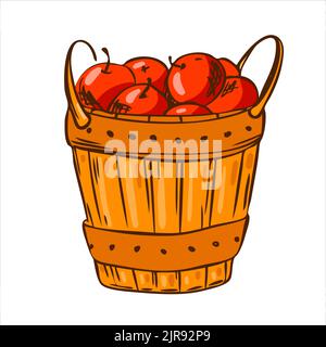 Cestino autunnale con mele rosse mature in stile rustico. Concetto di raccolto Illustrazione Vettoriale