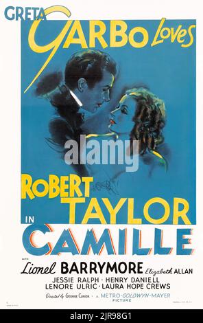 Camille (MGM, 1937). Poster di film d'epoca - stile C. Greta Garbo e Robert Taylor. Vecchio film pubblicità. Foto Stock