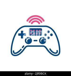 L'icona della linea di un gamepad con un simbolo Wi-Fi ha un colore blu e rosa è isolato su uno sfondo bianco. Illustrazione Vettoriale
