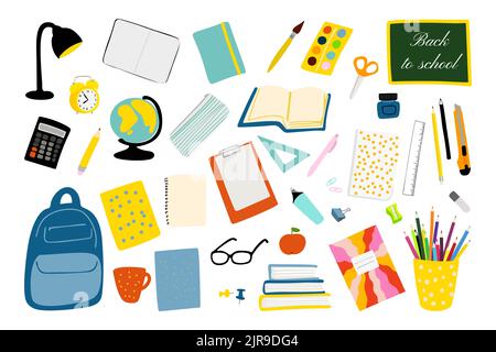 Set di illustrazione della cancelleria della scuola isolato su sfondo bianco Illustrazione Vettoriale