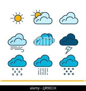 Il set di icone delle previsioni meteo. L'illustrazione vettoriale di diverse icone con un contorno è isolata su uno sfondo bianco. Tratti modificabili. Illustrazione Vettoriale