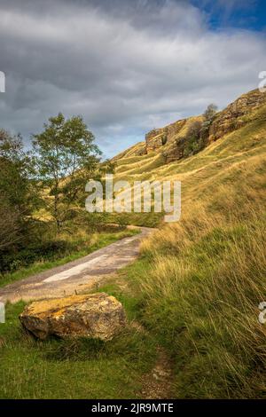 La vecchia strada della cava sotto il Cotswold Escarpment di Cleeve Hill, Cheltenham Spa, Gloucestershire, Inghilterra Foto Stock