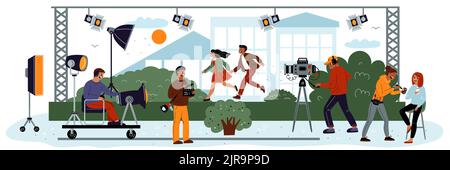 Processo di produzione cinematografica. Registi su set di video. Registrazione scena. Gli attori corrono attraverso il parco cittadino. Regista e operatore che ha girato un film Illustrazione Vettoriale