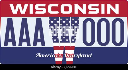 Marcatura delle targhe dei veicoli nel Wisconsin negli Stati Uniti d'America, targhe dei veicoli. Numeri di targa dei veicoli di diversi Stati Uniti d'America. Stampa vintage Illustrazione Vettoriale