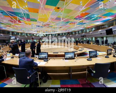 Belgio, Bruxelles: Edificio Europa, sede del Consiglio europeo, sala riunioni prima di una riunione del Consiglio Affari esteri (FAC) Foto Stock