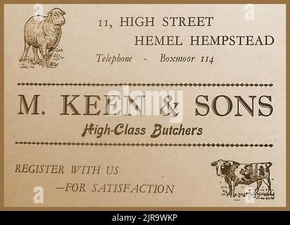 Un annuncio c1940 per M Keen & Sons , macellai di Hemel Hempstead, Regno Unito Foto Stock