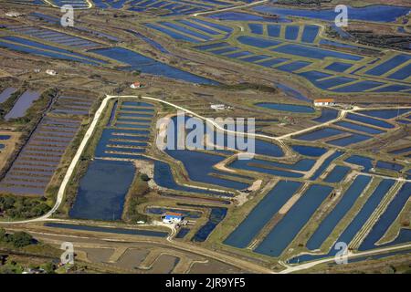 Isola “Ile d’Oleron” (al largo della costa della Francia centro-occidentale): Vista aerea di saline con capanne saline Foto Stock