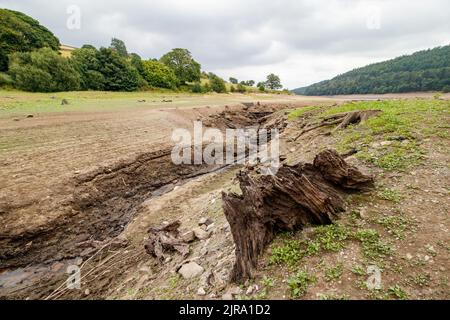 La foto mostra il sito del villaggio perduto che ora può essere visto. Il serbatoio di Ladybower durante il tempo secco e la siccità nell'estate del 2022. Ladybower Reservoir è un grande serbatoio artificiale a forma di Y, il più basso dei tre nella Upper Derwent Valley nel Derbyshire, Inghilterra. Foto Stock