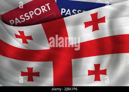 Sfondo della bandiera georgiana e passaporto della Georgia. Cittadinanza, immigrazione legale ufficiale, visti, affari e viaggi. Foto Stock
