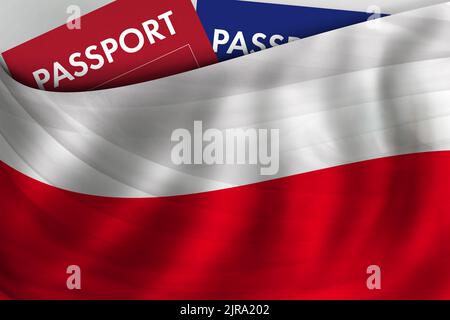 Bandiera polacca e passaporto della Polonia. Cittadinanza, immigrazione legale ufficiale, visti, affari e viaggi. Foto Stock